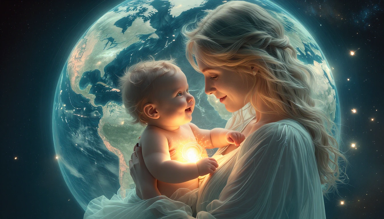 A serene young blonde woman with soft features cradles her smiling baby in her arms, their figures enclosed within a translucent globe displaying a faint world map. The infant’s torso emits a warm, ethereal golden glow from its heart, casting soft li