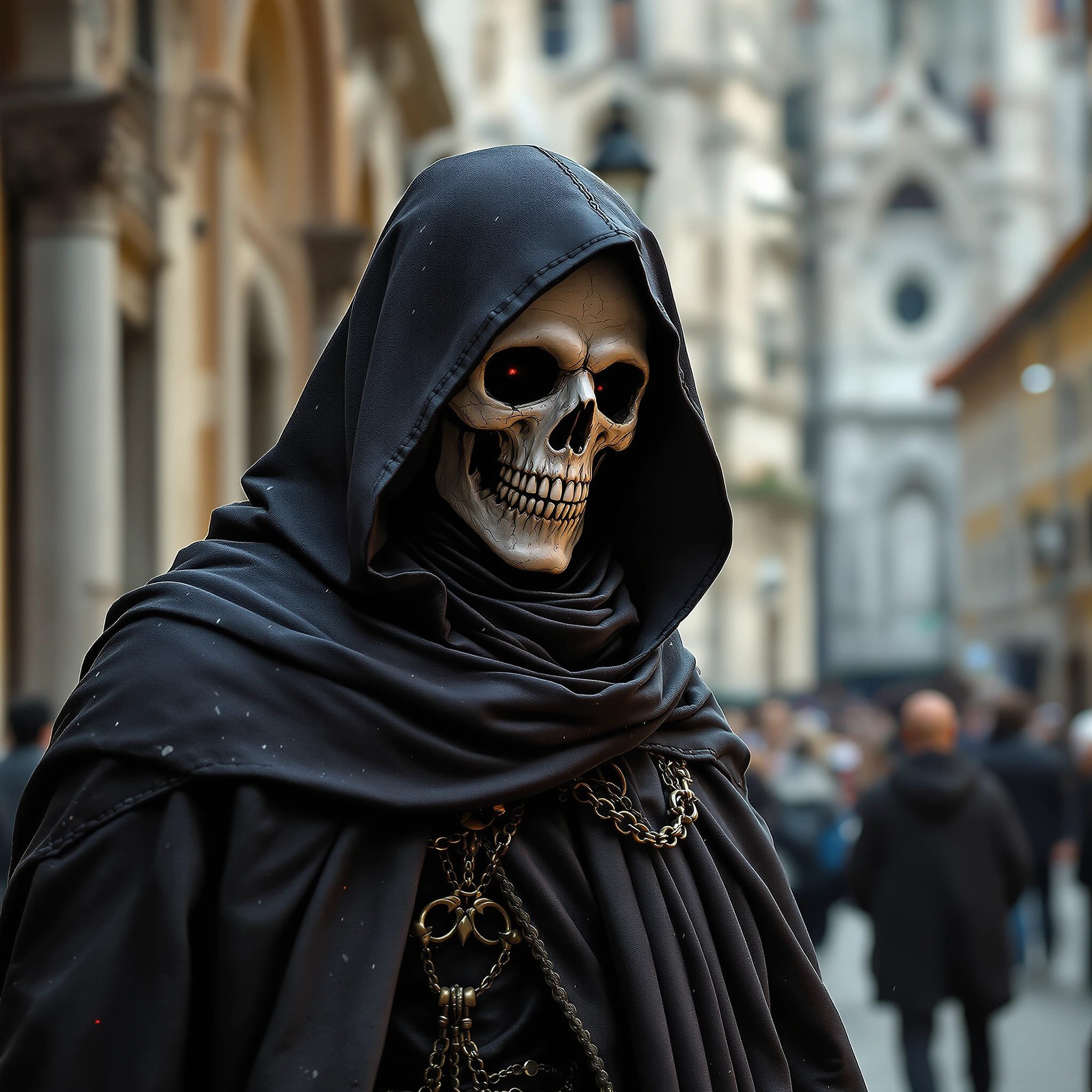 A fine robed Hooded Lich walking around outside the Duomo in Early Renaissance Florence trying to blend in with the crowd his skeletal face barely visible up close concealed by his hood and a scarf.....What manner of evil is he scheming???