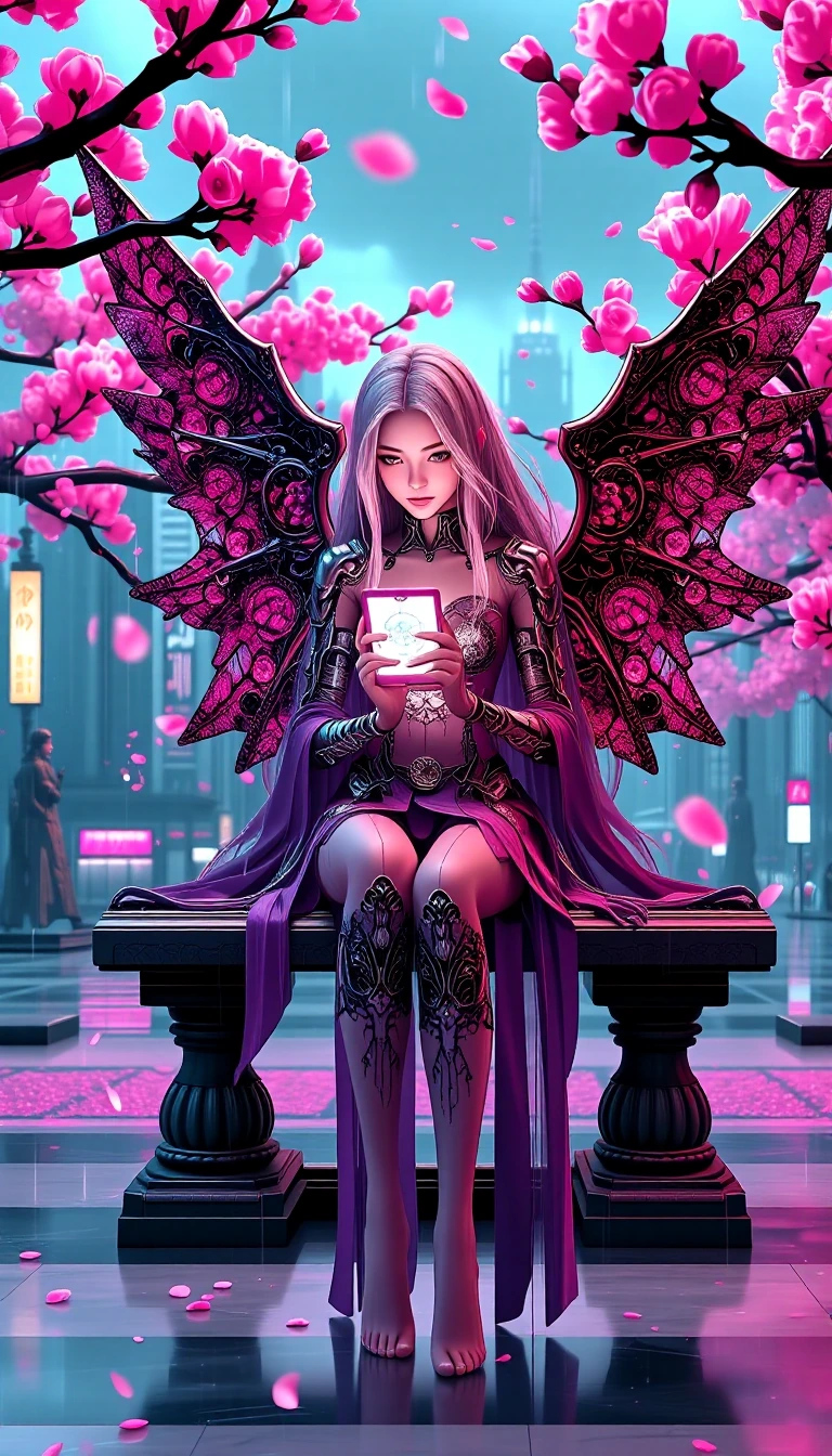 futuristic cyberpunk angel sitting on a stone bench, delicate female android with long flowing violet hair, metallic mechanical wings with intricate clockwork gears, soft porcelain skin with biomechanical details, holding a glowing holographic tablet