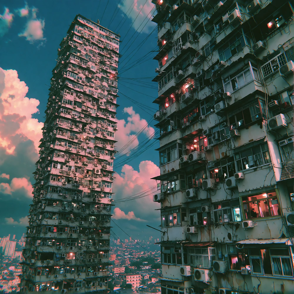 Awesome sky, anime, tops of tall buildings with infinite apartments