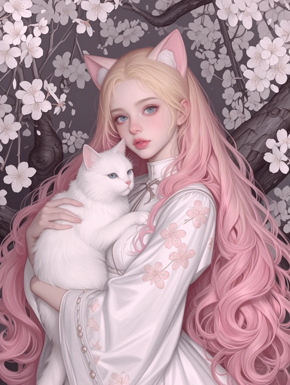 # Cherry Blossom Enchantment An ethereal anime character with flowing pink and golden ombre hair gazes serenely, her striking blue eyes framed by delicate features. She wears cat ears and an elegant white gown adorned with cherry blossom patterns, a