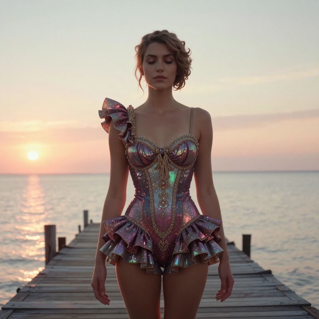 a woman on a wooden pier at sunset, wearing an ornate ball gown-style bathing suit — sequins, elaborate beading, ridiculous ruffles — completely out of place, serene expression, golden hour light, surreal and whimsical