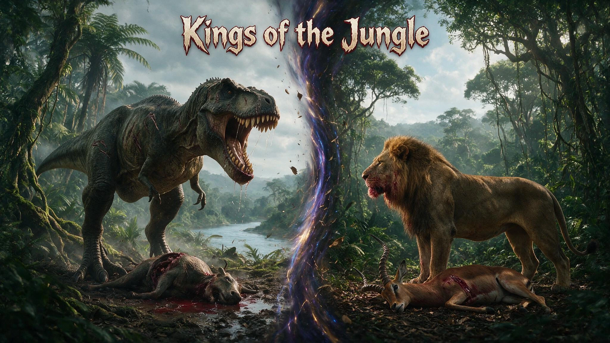 Title: Kings of the Jungle (Written in jagged text that resembles sharp teeth edged in crimson) Surreal image blending two eras of time; A Mighty & Powerful Battle-Scarred T-REX having just brought down a lesser dinosaur stares across time and space 