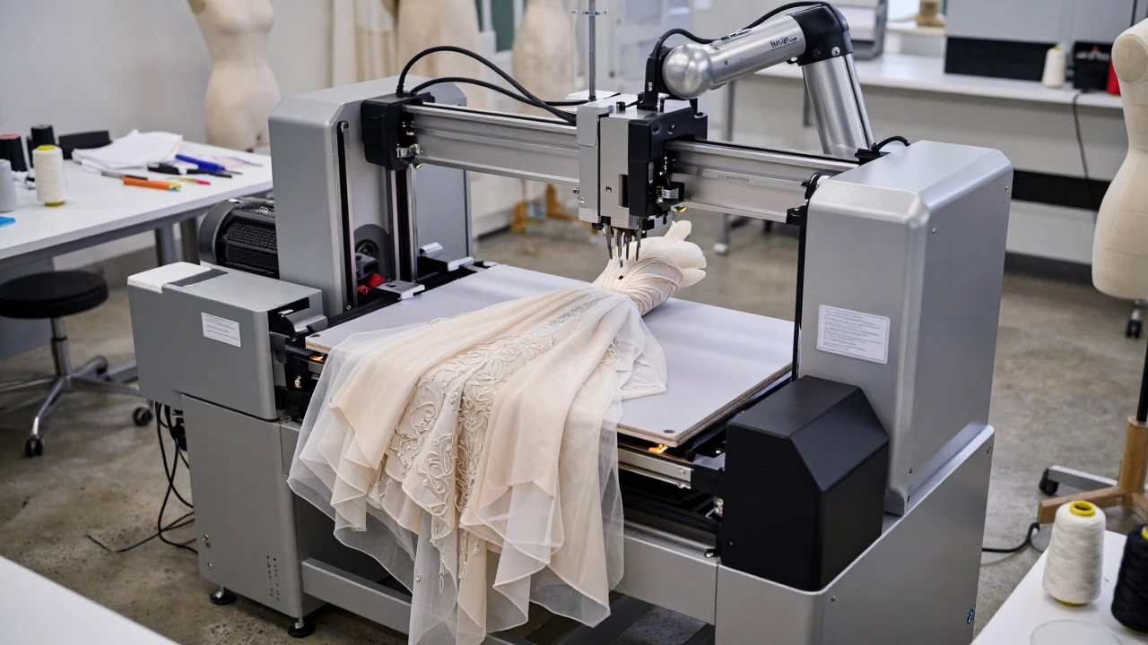 A highly realistic, cinematic scene of a large-scale industrial sewing machine fused with advanced 3D printing technology, designed like a precision manufacturing system in a modern fashion lab. The machine is sleek, engineered, and believable—brushe