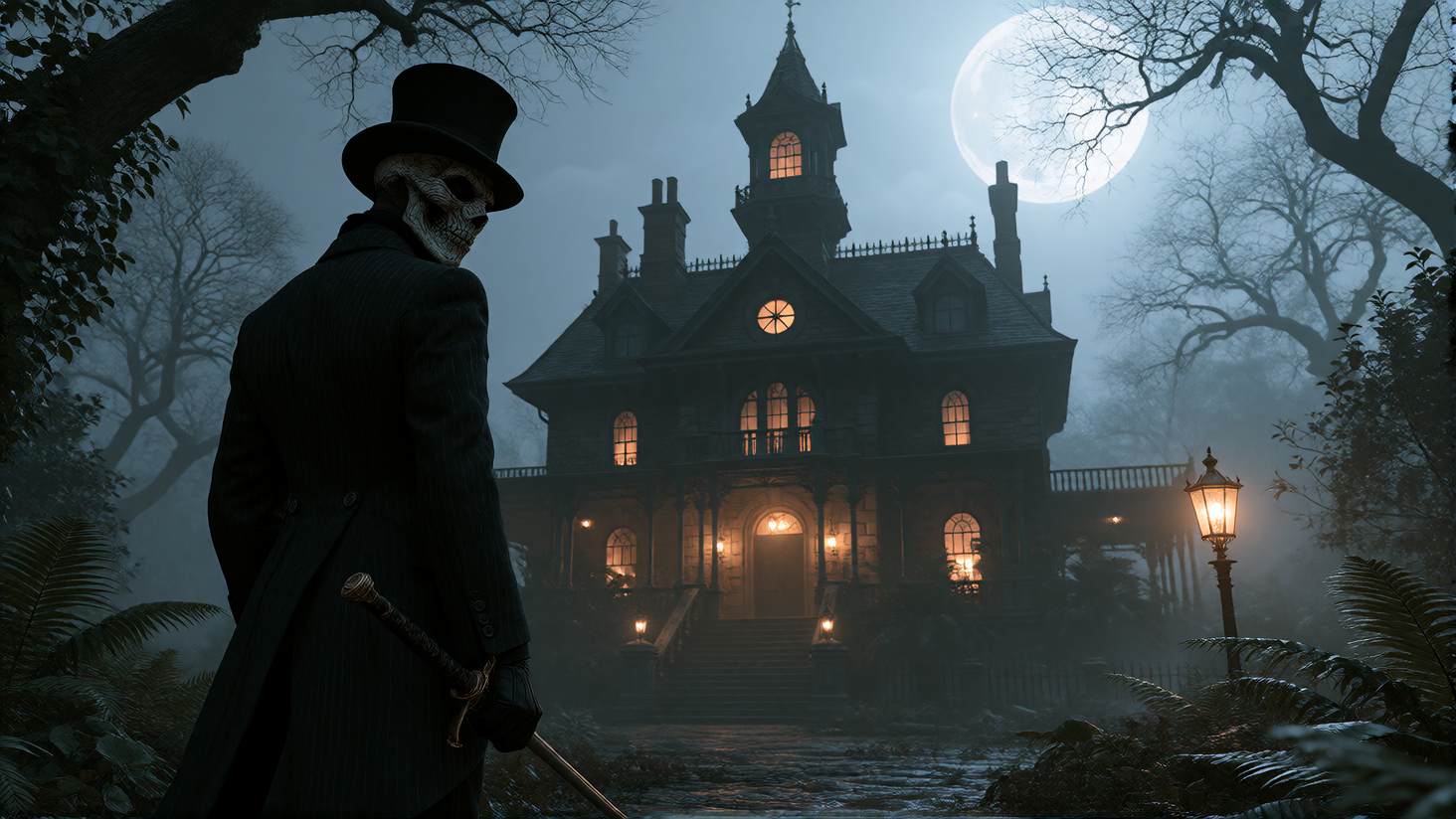 The Masked Phantom of a Haunted Mansion on a misty Night; Are they a Spirit or a Human playing tricks?
