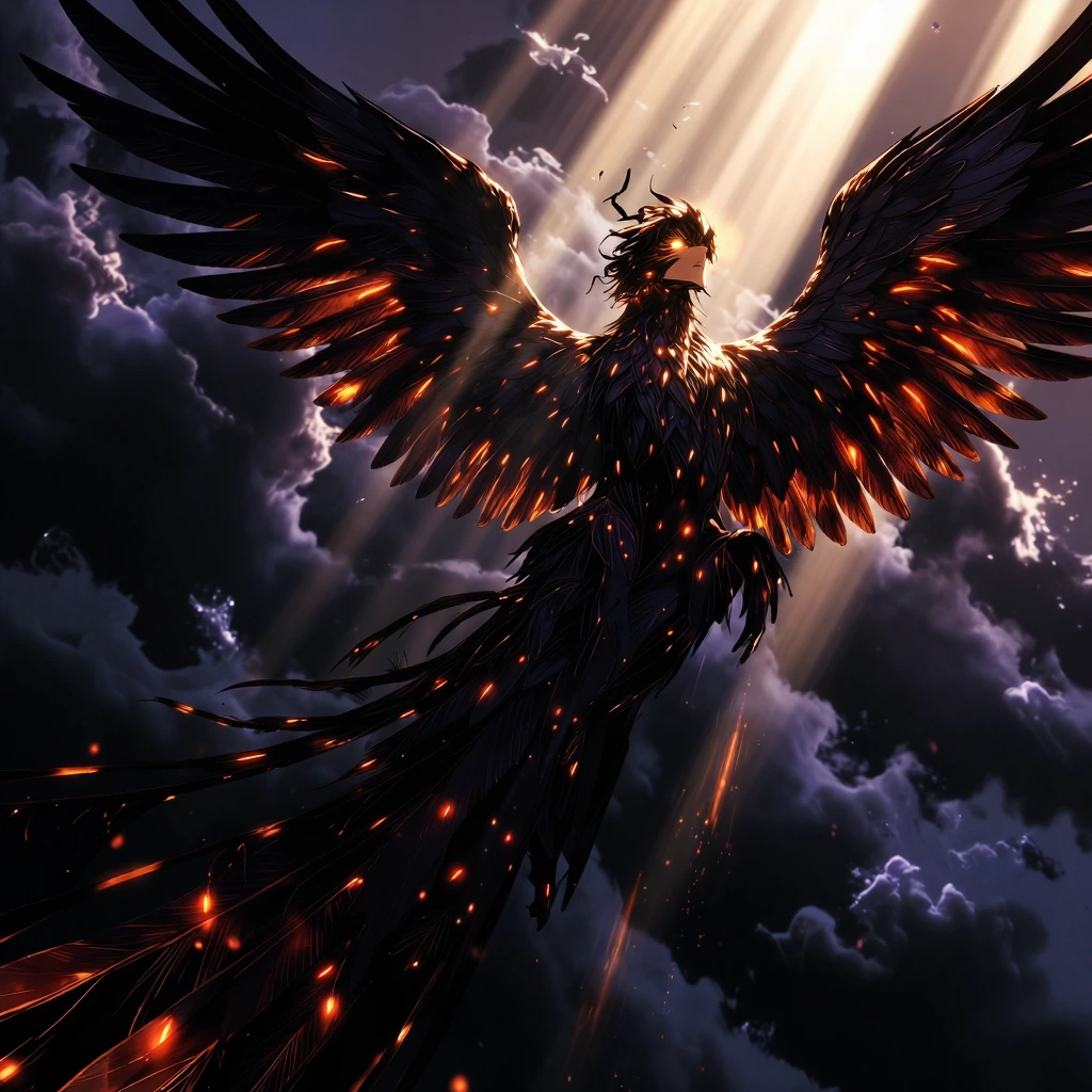 majestic phoenix rising from ethereal shadows, Makoto Shinkai lighting with dramatic volumetric light shafts piercing through smoke, wings spanning im