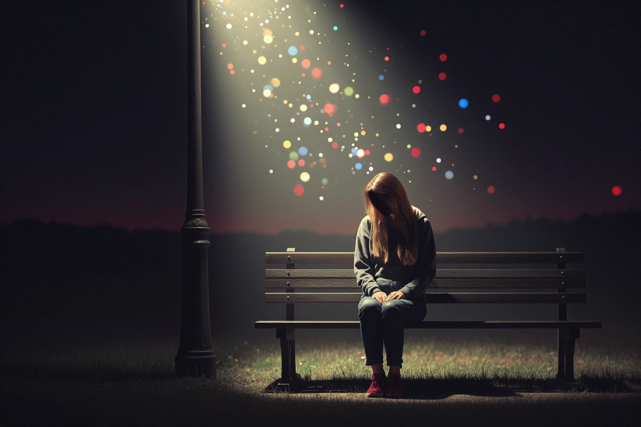 vintage style, digital art, night scene, young woman with long brown hair, silhouetted missing face, no face, hidden face, sitting on a dark wooden bench, wearing a gray hoodie, blue jeans, and red shoes, looking down, lamppost casting a spotlight on