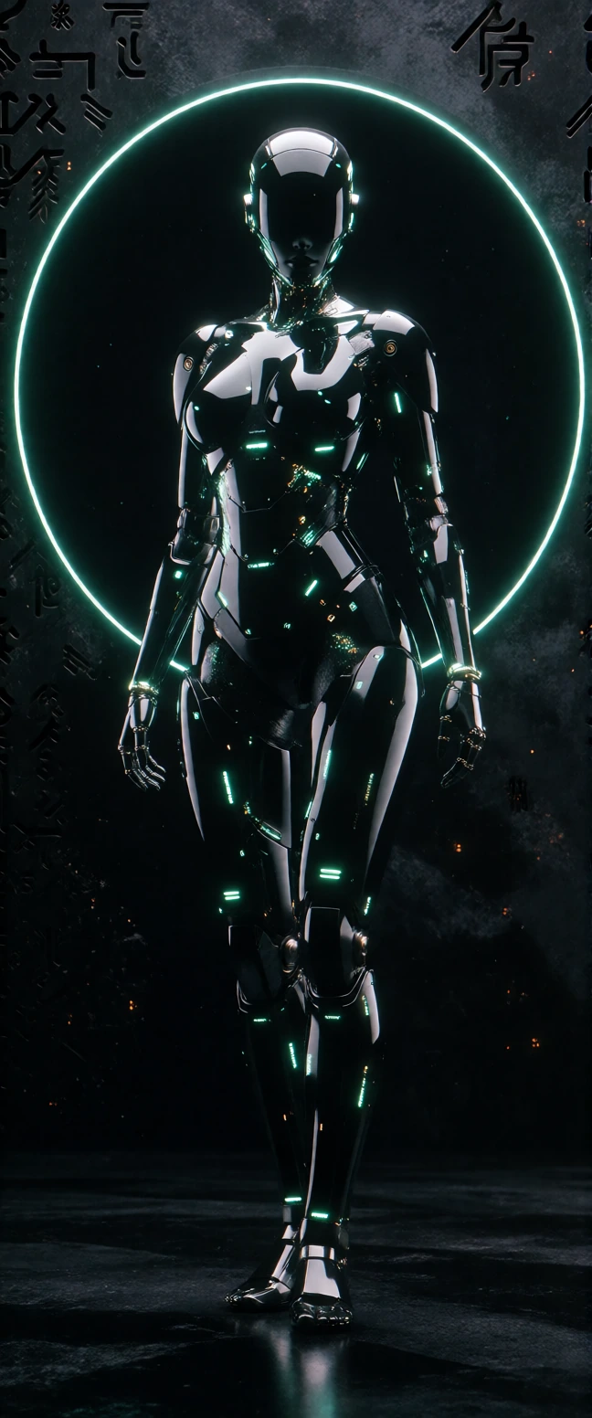 A single, solitary high-end female cyborg in a vertical 9:21 aspect ratio composition, captured in an awe-inspiring full-body wide shot, visible from head to toe. The image is rendered with microscopic, hyper-focused detail, ensuring she is the sole
