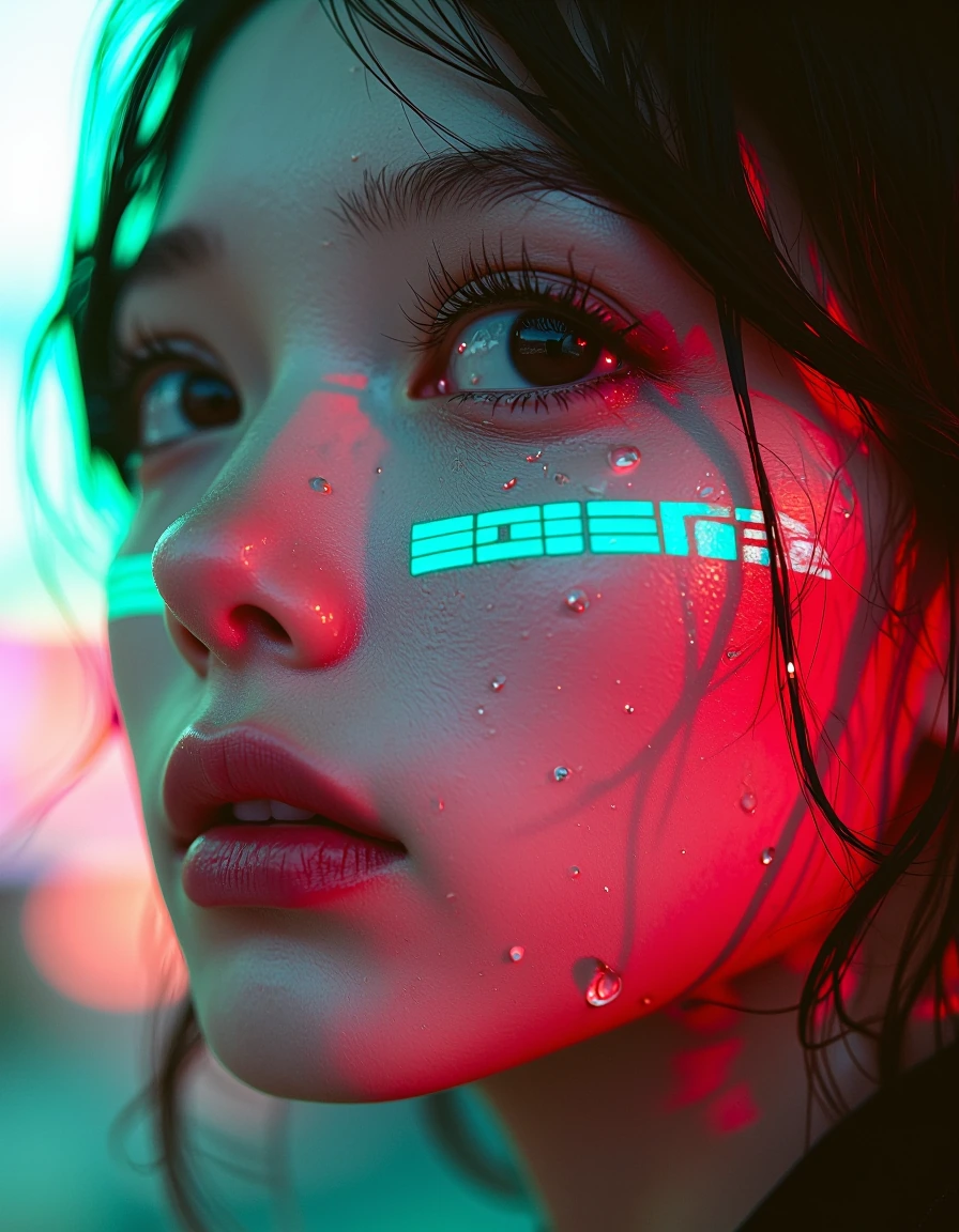 { "image_analysis": { "composition": { "color_palette": "cool with neon accents", "focus": "subject's face with depth of field", "framing": "profile view" }, "environment": { "background": { "details": "blurred city lights", "dominant_colors": [ "pin