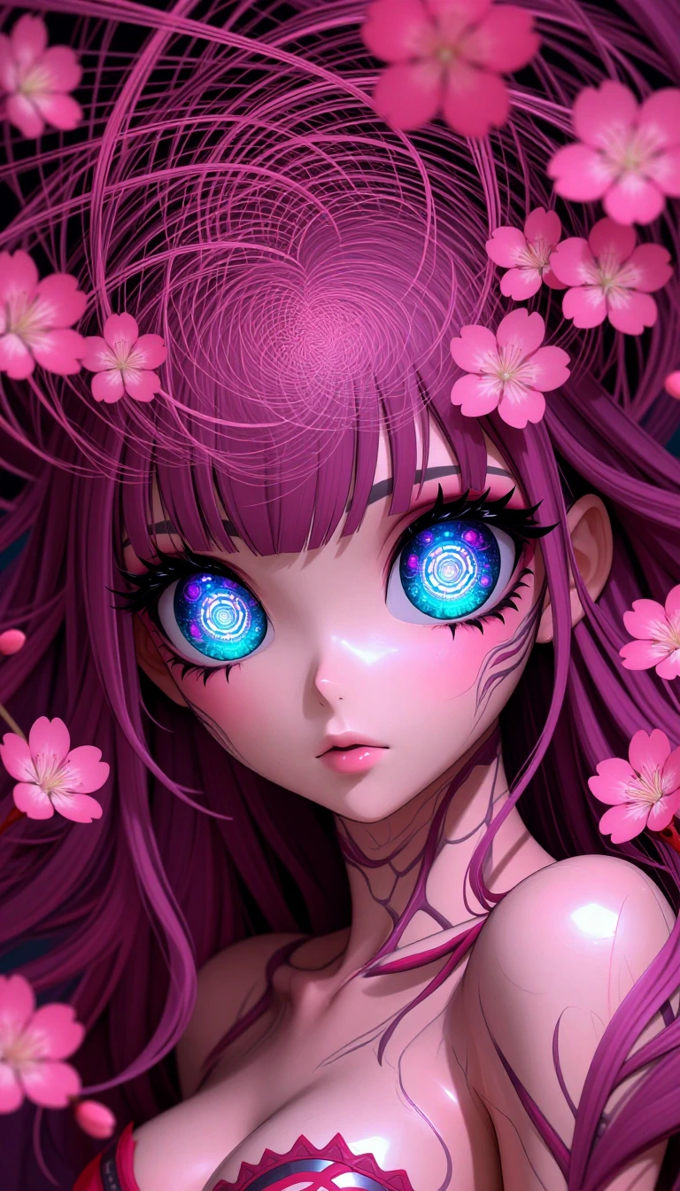 Masterpiece, ultra-detailed 8k digital illustration of a stunning female character in a refined Moe anime style, otherworldly iridescent cosmic eyes featuring nested geometric mandalas and deep teal and amethyst nebulae, hyper-realistic corneal refle
