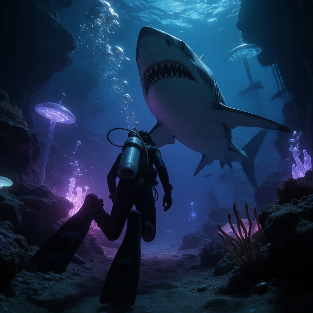 POV. Ultra-high-quality digital graphic design, HD image, 8K resolution, panoramic view, 360-degree effect of a diver caught unawares by a huge shark #Encounter. A terrifying dystopian underwater world