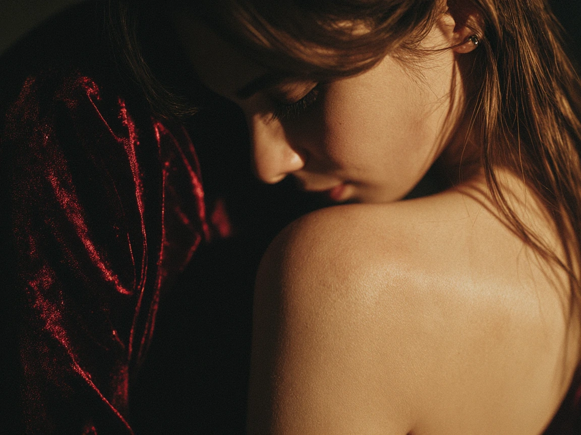 Full-color low-light portrait photograph, close framing, warm amber side light, deep velvet-like shadows, shallow depth of field, and rich tactile texture. A woman is kissing another women shoulder. Warm amber light illuminates the shoulder, The oppo