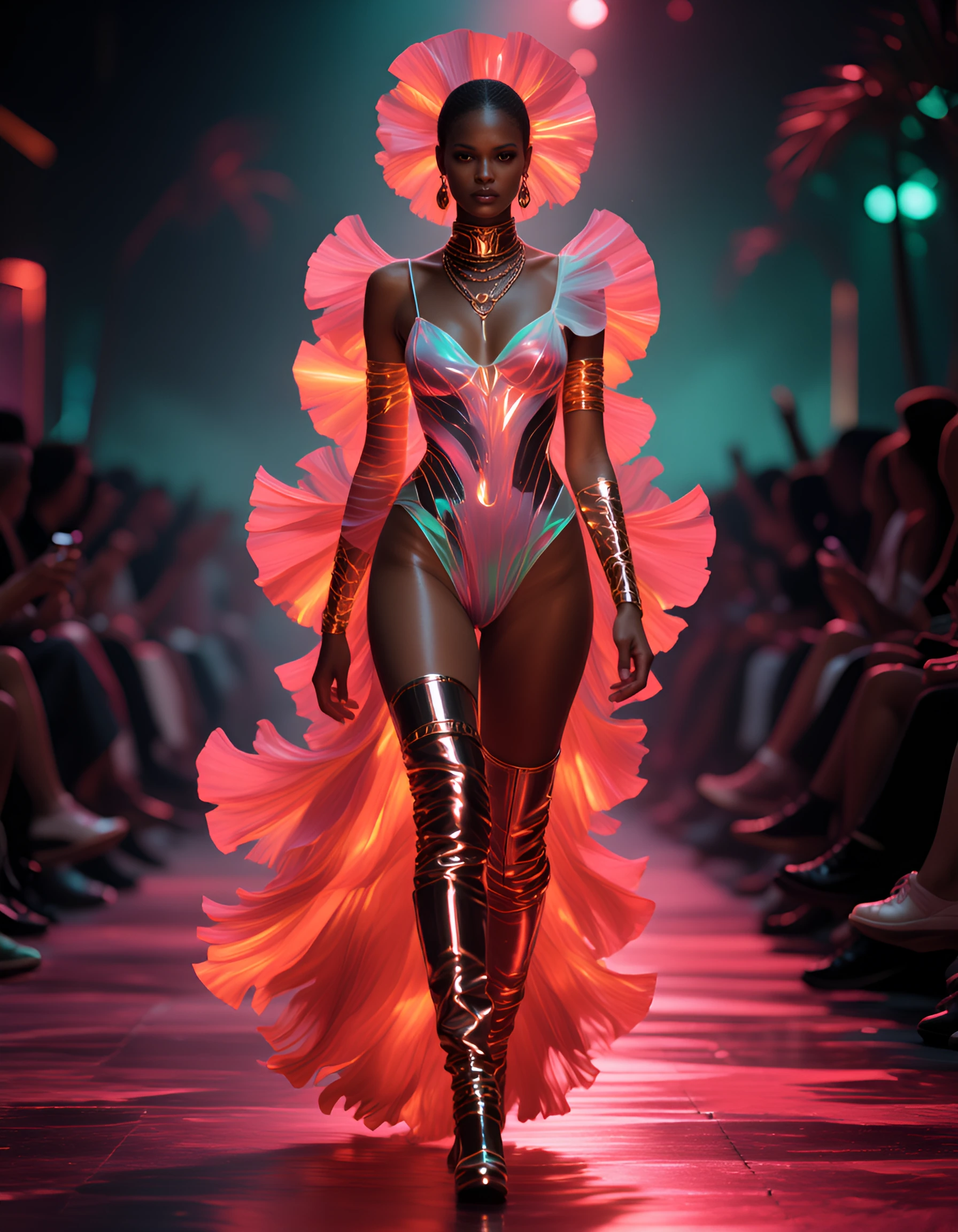 { "visual_elements": { "background": { "atmosphere": { "colors": [ "red", "purple" ], "effects": "fog", "lighting": "dramatic" }, "audience": { "clothing_colors": [ "red", "black" ], "focus": "watching the model", "visibility": "partially visible" },