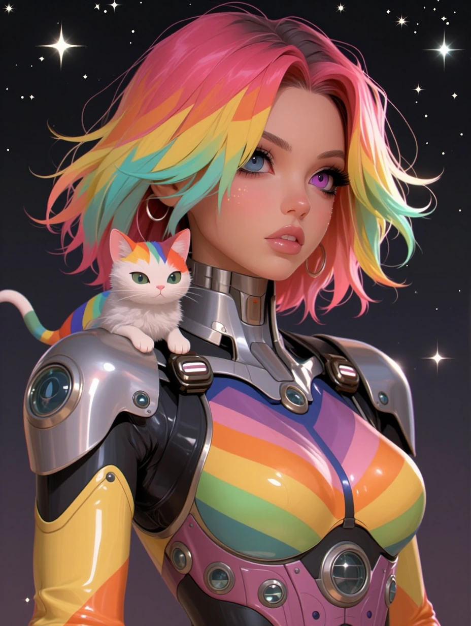 Closeup Beautiful woman in a sleek rainbow steampunk futuristic mech jumpsuit . Rainbow cat on shoulder. Rainbow Ombre hair. Starfield background. Anime photo mixed. Cinematic airbrushed style.
