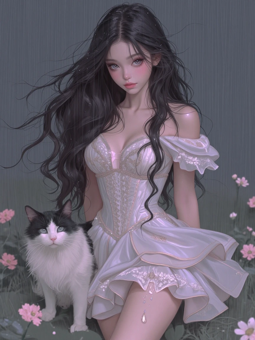 Tall, anime woman, long hair, Beautiful facial features, sparkling eyes, with a cat, gorgeous mini dress, Flowers and rain. Luminism