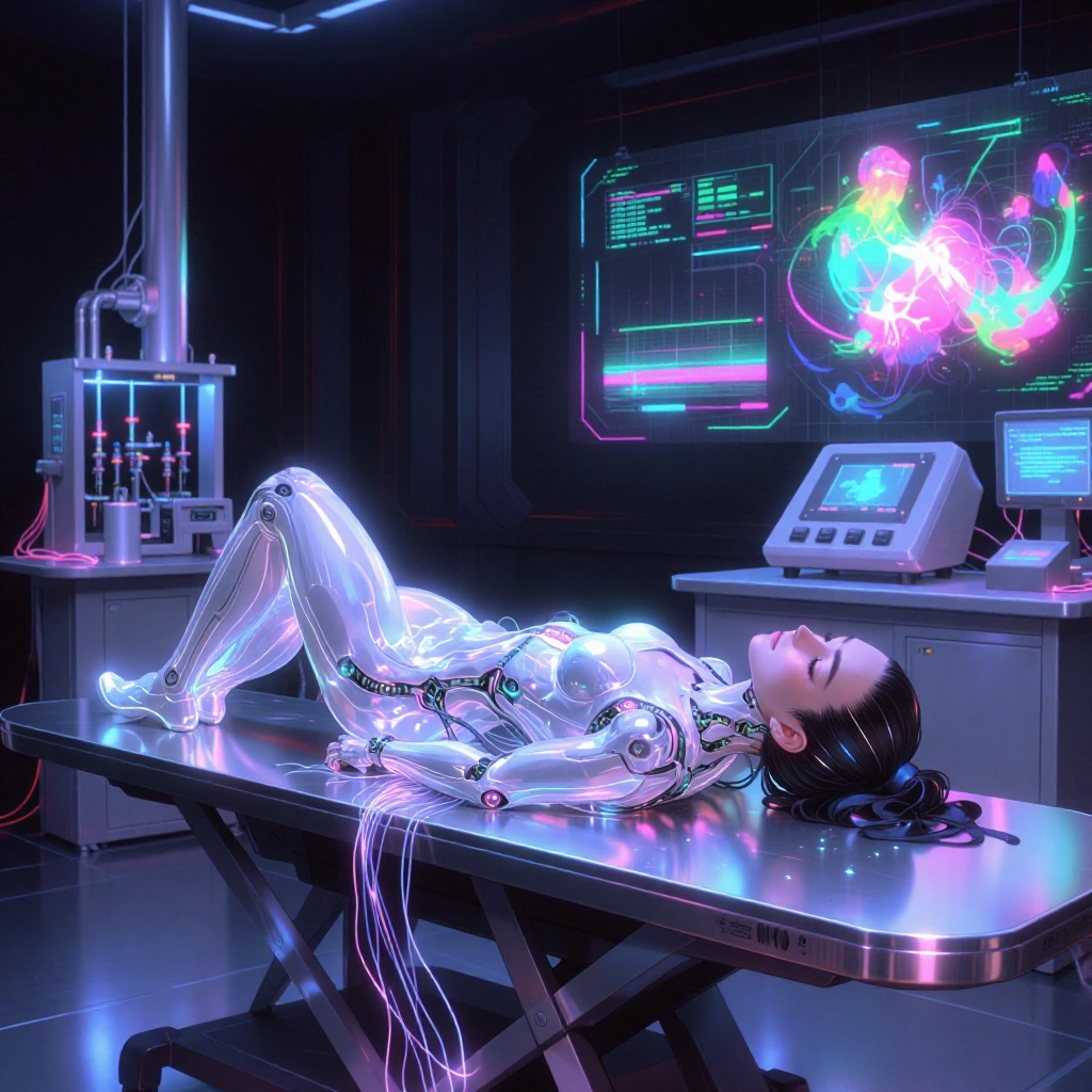 cybernetic girl laying down on a sleek metal charging table with glowing wires connected to her body, futuristic laboratory setting with neon lights, glass panels, holographic displays on walls, scientific equipment and machinery surrounding her, moo