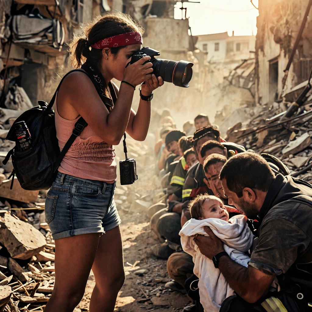 A powerful, emotionally charged documentary-style photograph of a young female photographer capturing a moment of hope amid destruction. She is in her early 20s, beautiful and determined, with long brunette hair in cute pigtail braids, a red bandana 