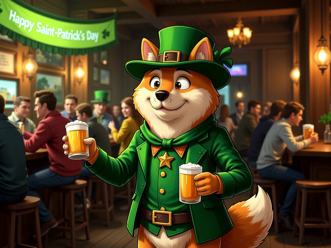 a cartoon human-like Shiba Inu dressed in typical greenish Irish clothes holding glasses of beer in his hand, funny and drunk face expression, "Happy Saint-Patricks day" written on a banner, standing in an overcrowded typicle Irish bar, disney pixar 