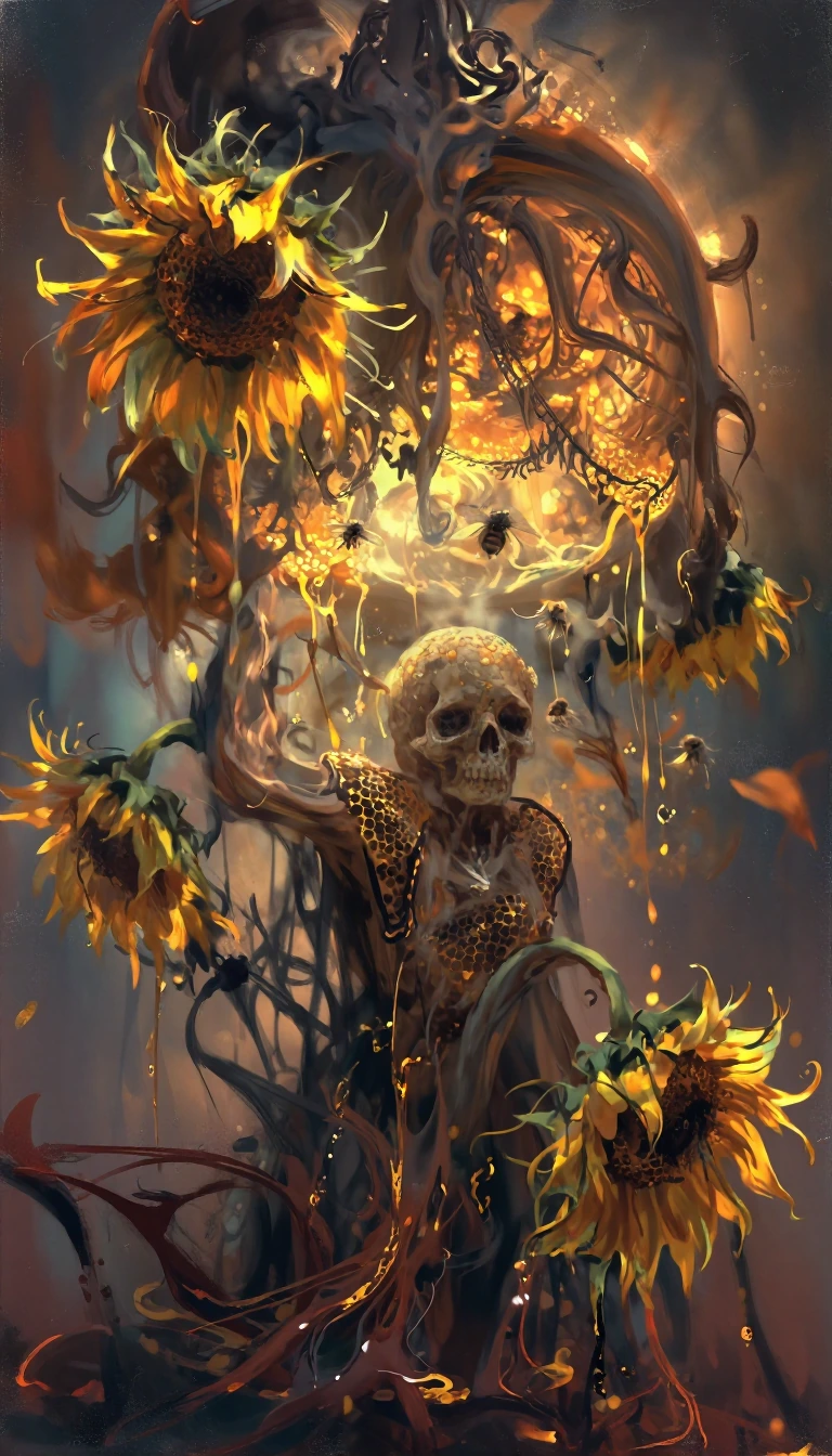 A surreal masterpiece depicts wilting sunflowers suspended beneath a radiant, ornate sphere dripping liquid gold. The ethereal light source bathes the scene in warm, honeyed tones against a shadowy backdrop. Twisted, organic tendrils and baroque flou
