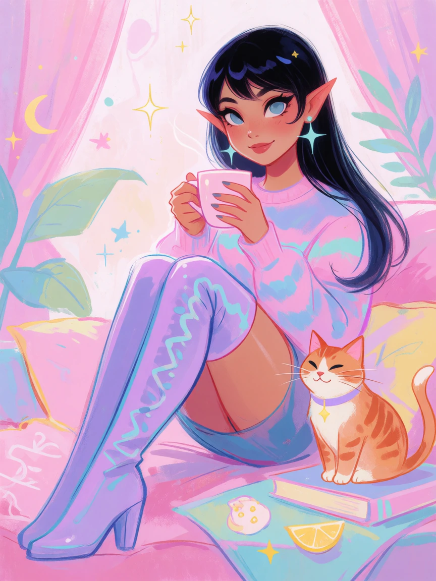 beautiful woman with a cat, pastel goblincore, wearing thigh high boots, morning coffee