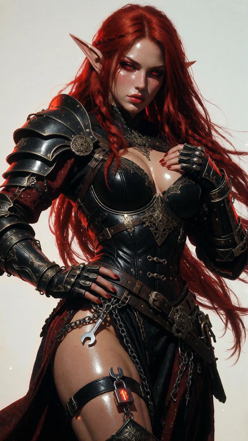 elf with long flowing crimson red hair cascading over her shoulders, pointed ears catching light, intense crimson eyes, athletic toned build. wearing black leather armor with silver accents and intricate detailing, fitted medieval combat pieces that 
