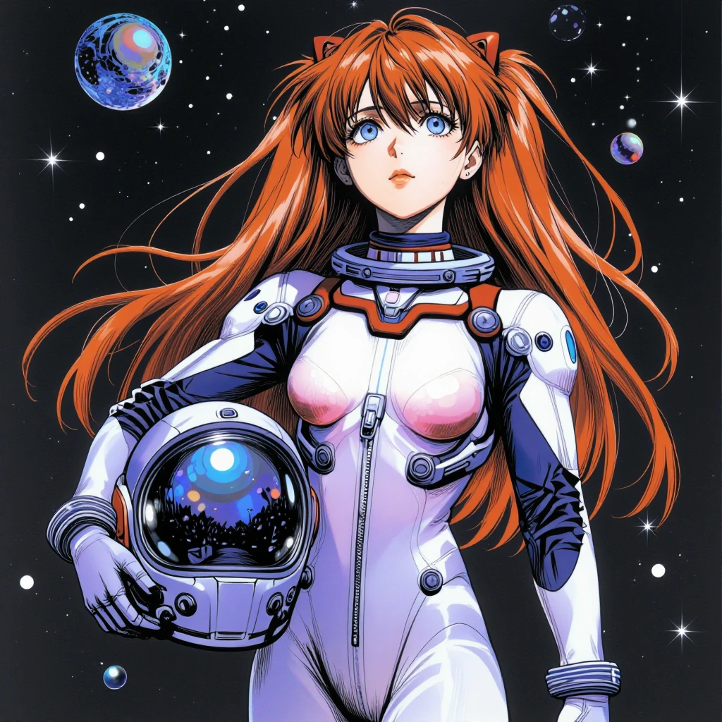 masterpiece, best_quality, amazing quality, newest, illustration, anime screencap, black ink, inverted background, triadic colors, neon, pearlescent, vibrant anime image, subject focus, line art, anime, outdoors, outer space, starfield, woman, spaces