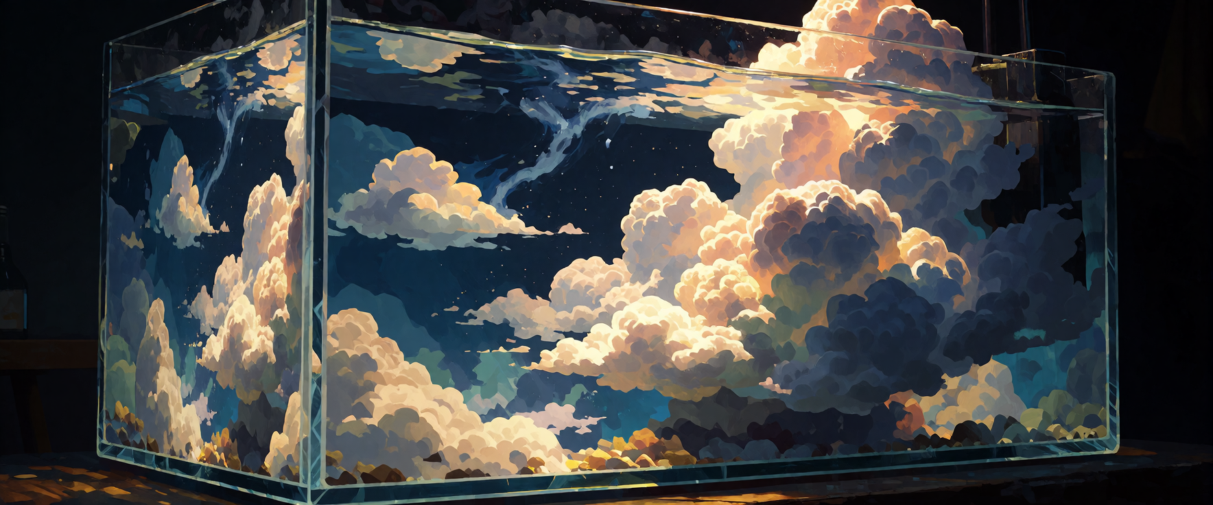A glass aquarium filled with billowing cumulus clouds instead of water, lit from within by soft amber and blue light, clouds drifting and swirling lik