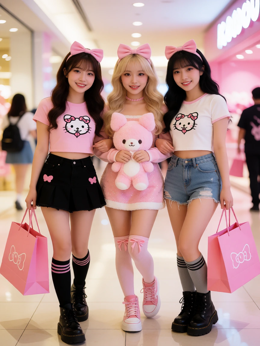 Kawaii women in their 20s shopping at a Kawaii mall, photography, 3-D mixture, fashionistas