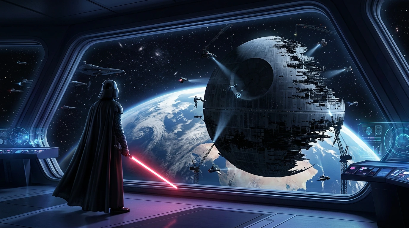 the inventor of the second moon; A Moon sized Orb shaped battle-station is being constructed in orbit around the Earth, A Sinister Figure dressed in sealed black armour wearing a black floor length cape and holding a neon red plasma sword watches the