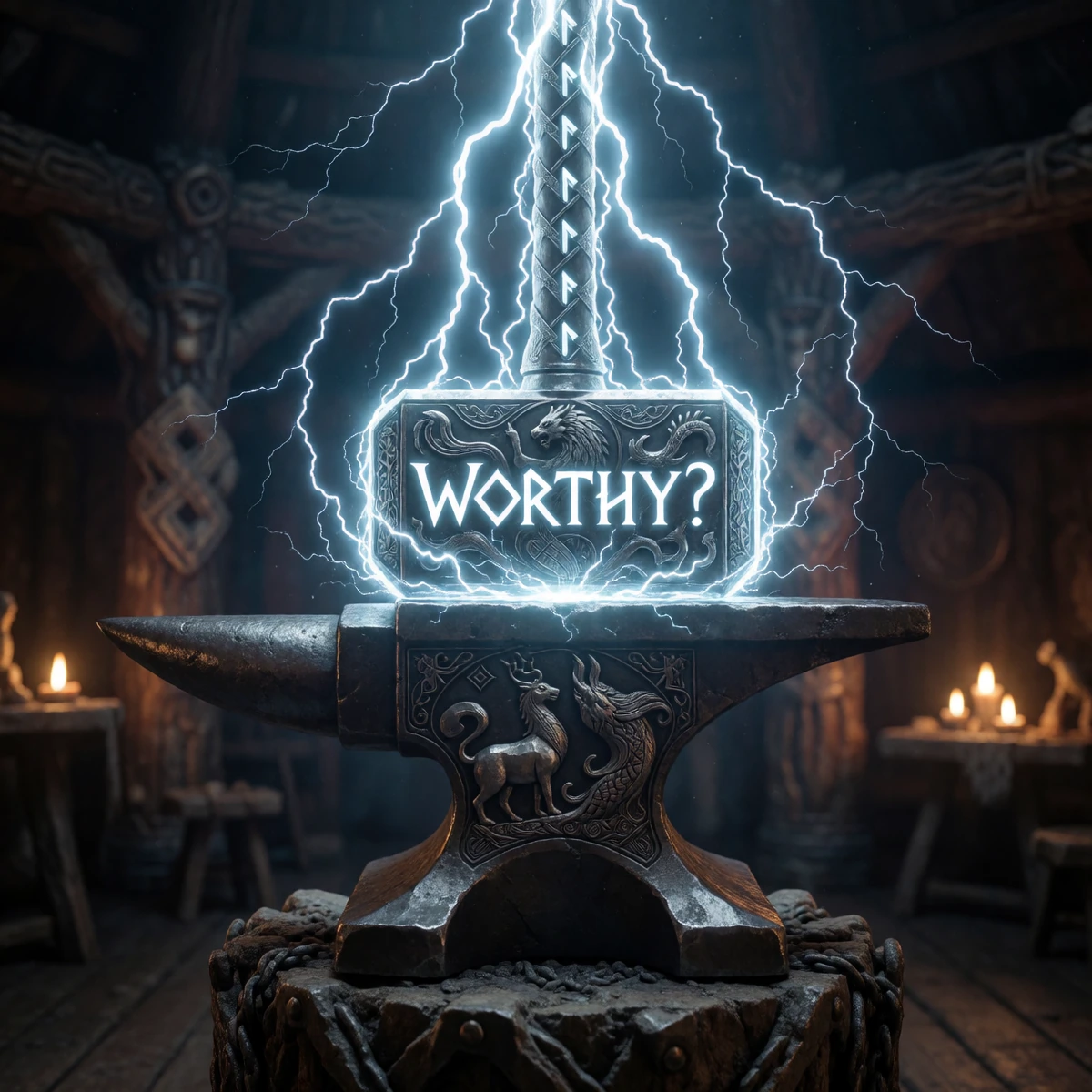 Day 1: Mjolnir Hammer of the Gods; In a Norse Longhouse a mighty Anvil inscribed with images of legendary creatures slain by the weapons forged upon t