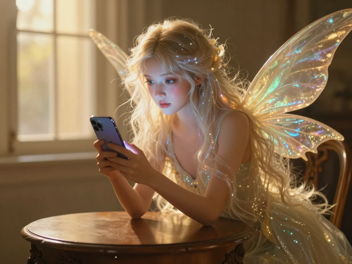 A dazzling, ethereal monstruous fairy woman with shimmering, iridescent wings sits gracefully on an ornate wooden table Her delicate features are framed by flowing, luminescent hair that sparkles with hints of gold and silver She has a shy demeanor, 