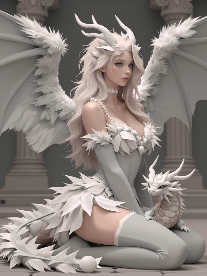 Beautiful woman dragon hybrid, beautiful fluffy dragon wings, pastel, gray, ancient background, with a pet dragon