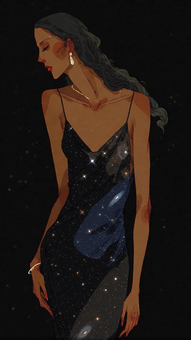 Elegant woman standing in profile against pure black, wearing a form-fitting evening gown woven from actual night sky — deep space fabric filled with 
