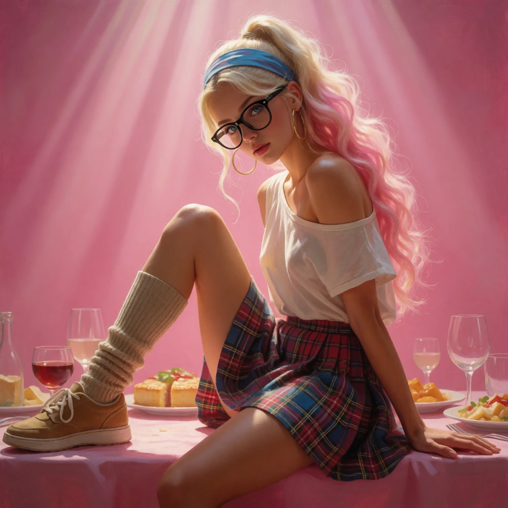 masterpiece, absurdres, very awe, 25yo, beautiful, wide shot, full body image, 1980s \(style\), ,1girl, solo, breasts, hoop earrings, blue eyes, glasses, jewelry, earrings, blonde hair, pink hair, pink background, ponytail, hairband, black-framed eye