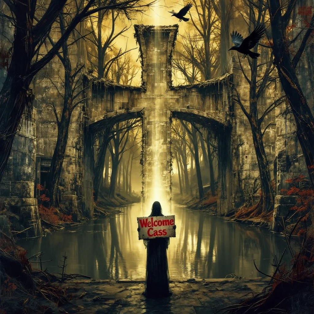 A cinematic landscape, haunting and evocative. A symmetrical, cross-shaped crevice carved into a desolate forest populated by dead trees. The crevice is filled with still, sepia-coloured water, mirror-like, reflecting the surroundings. A solitary, da
