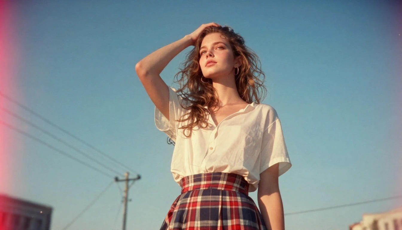 lomography, analog photography, Photograph of a 23yo waifish russian model with long, wavy brown hair and light skin, standing outdoors under a clear blue sky. She is wearing a white short-sleeved blouse with a loose fit and red, white, and blue plai