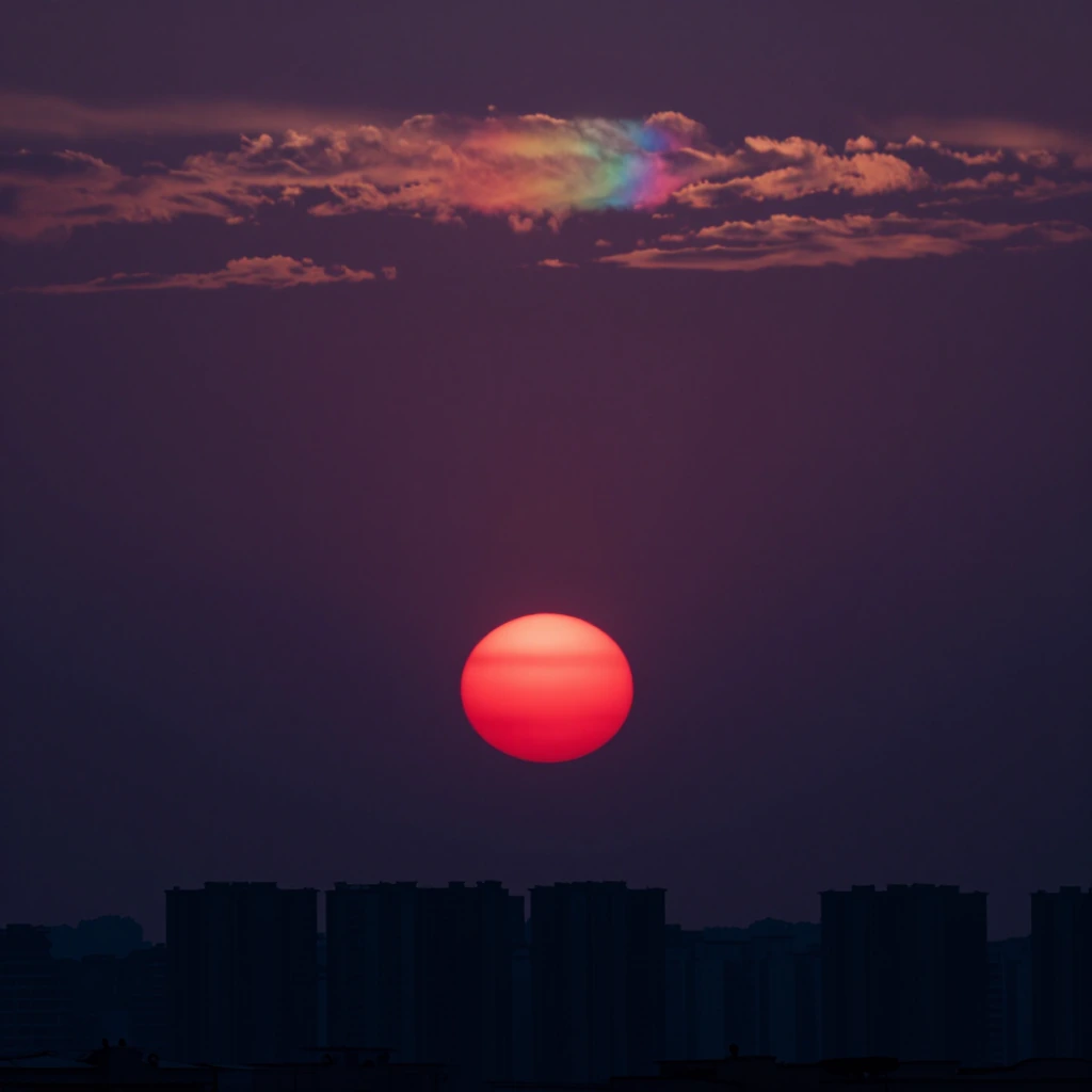 Deep red sun hanging low above a city under a dark purple sky with iridescent rainbow colored clouds