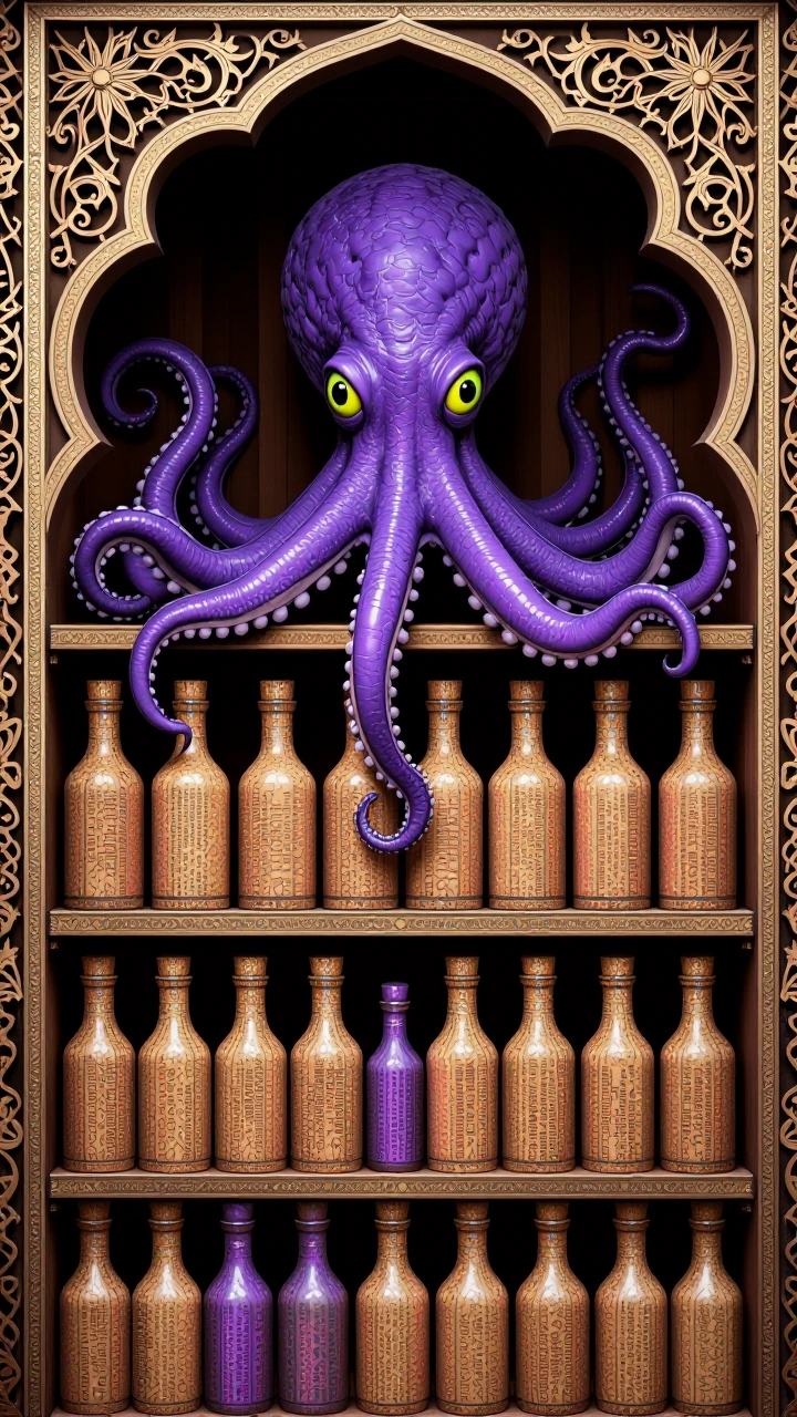 Market stall in an arabesque design with shelves filled with corked painted bottles of various sizes manned by an humanoid that has a purple octopus w