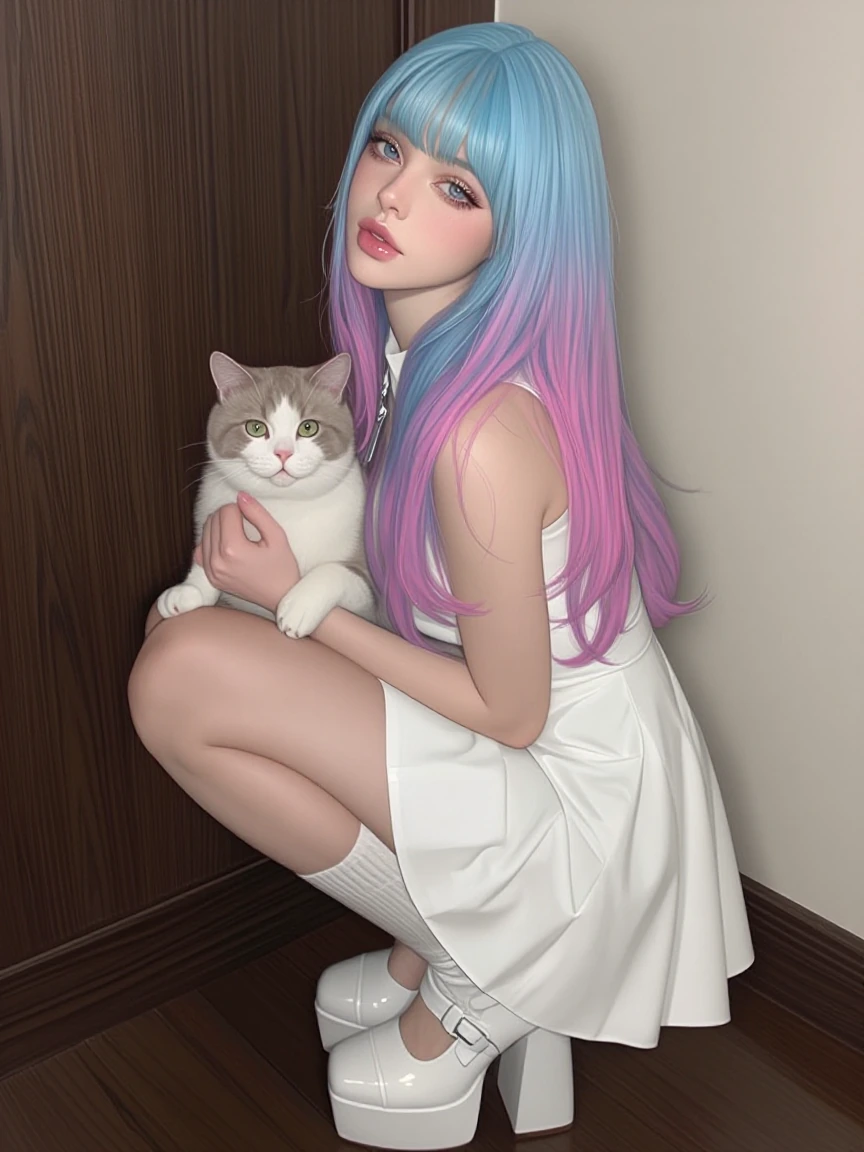 A woman pastel blue and pink ombre hair, with a cat, wearing a white mini dress with platform shoes.