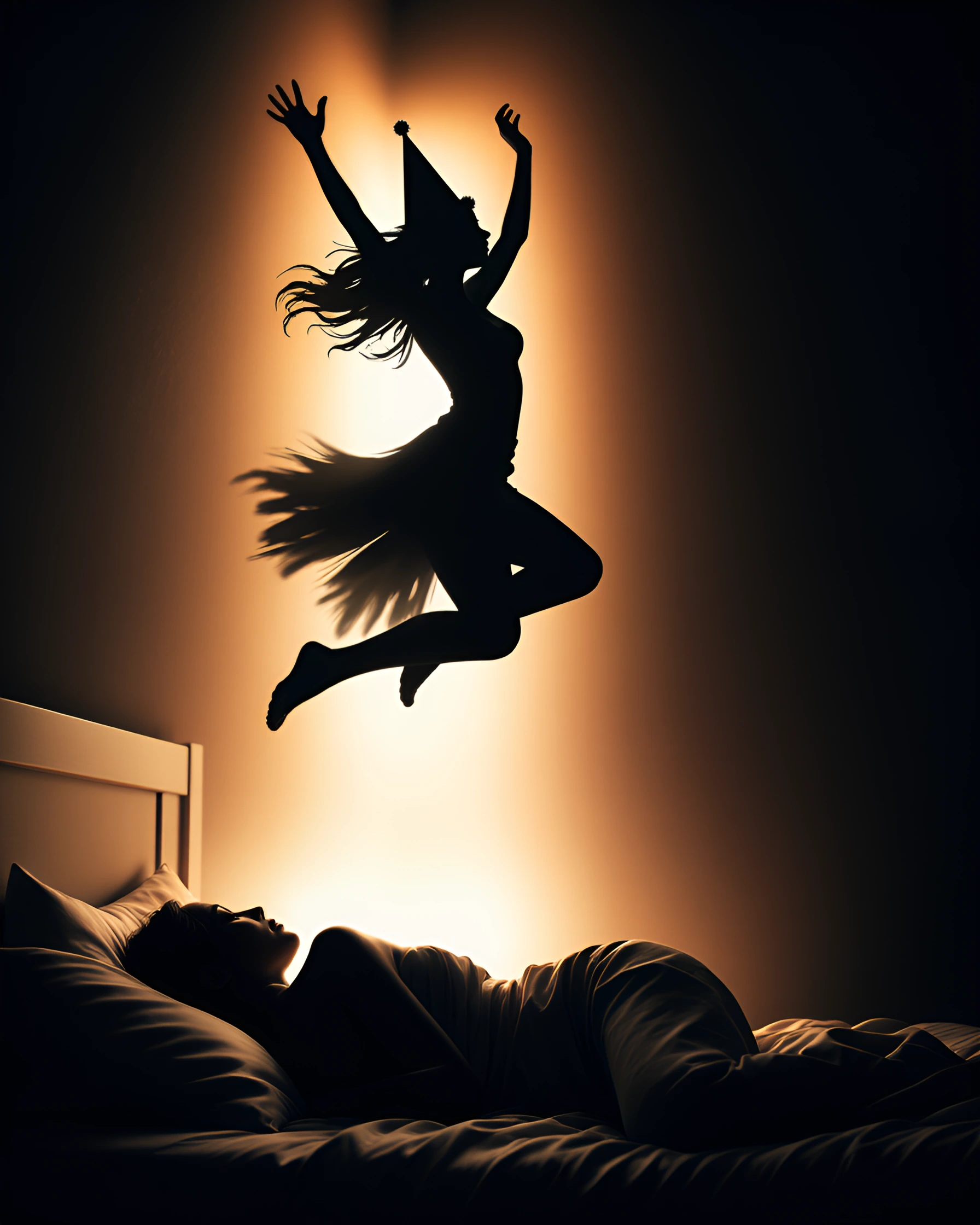 Woman in profile asleep on bed, face serene in warm sidelight, her shadow cast sharply on the wall behind—a silhouette mid-leap wearing an oversized party hat, arms flung high in wild celebration, spinning with joyful abandon. High-contrast chiaroscu