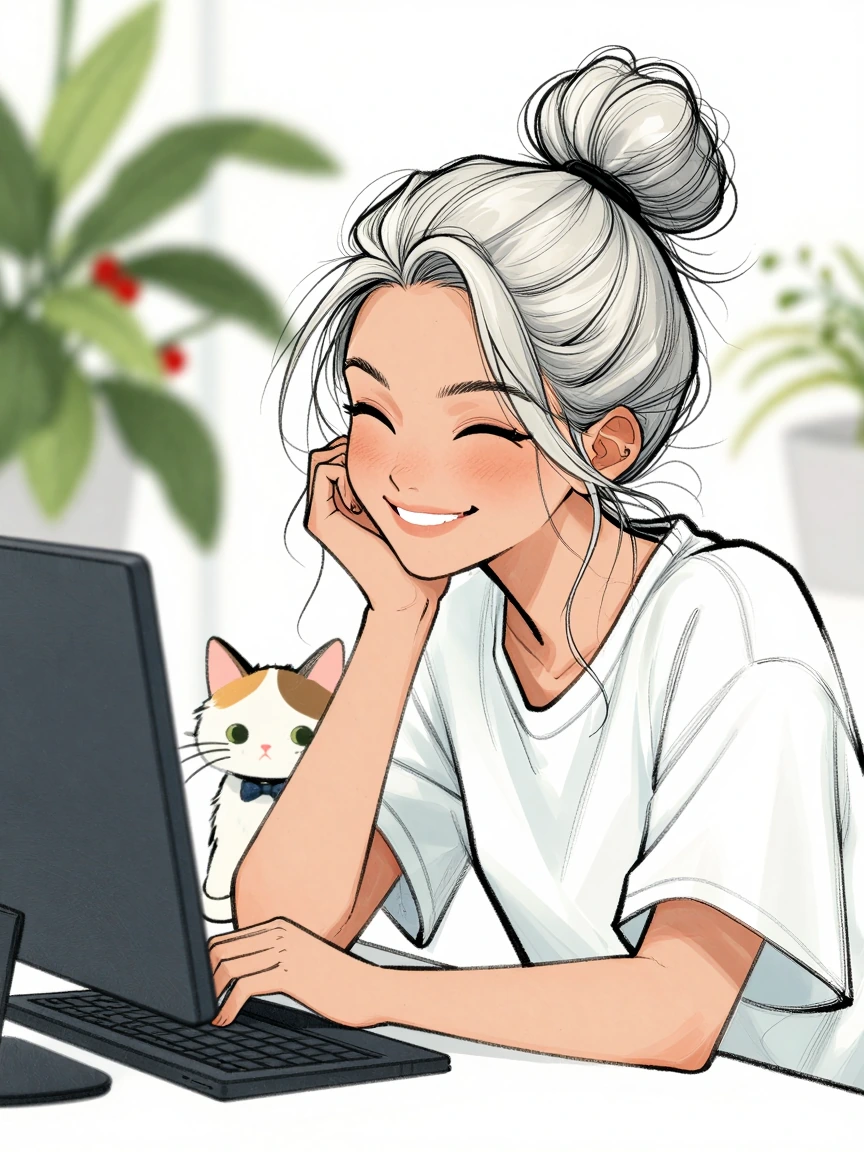 Comfortcore joyful woman, platinum messy bun hair, cat nearby, in the morning, messy ink outline, soft colors, anime style but realistic. Coffee plants computer.