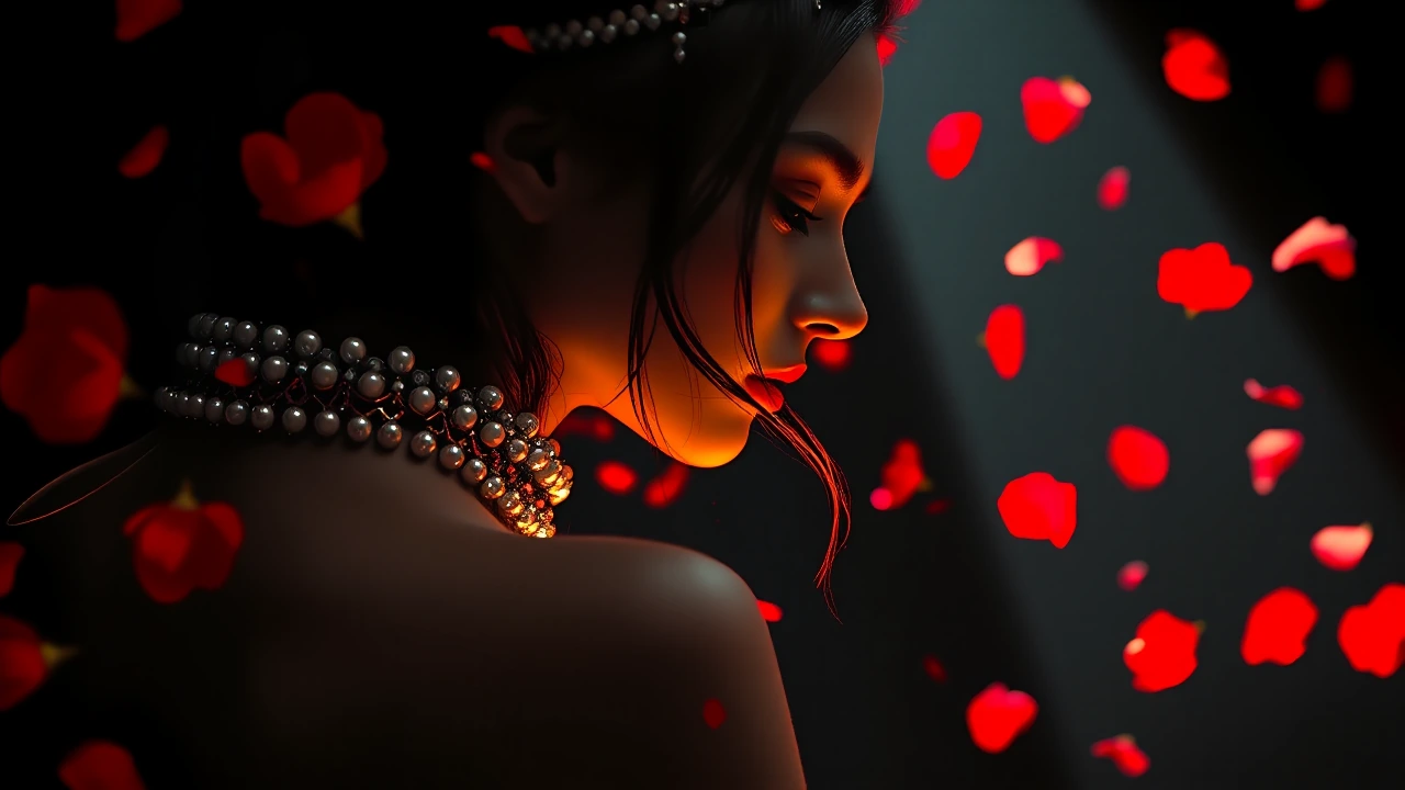 Woman in profile, pearl-encrusted shoulder piece glowing from within like molten glass, dark hair catching crimson rose petals mid-fall. Single shaft of warm light cuts through deep shadow across her face, catching the pearls in sharp relief. The lig