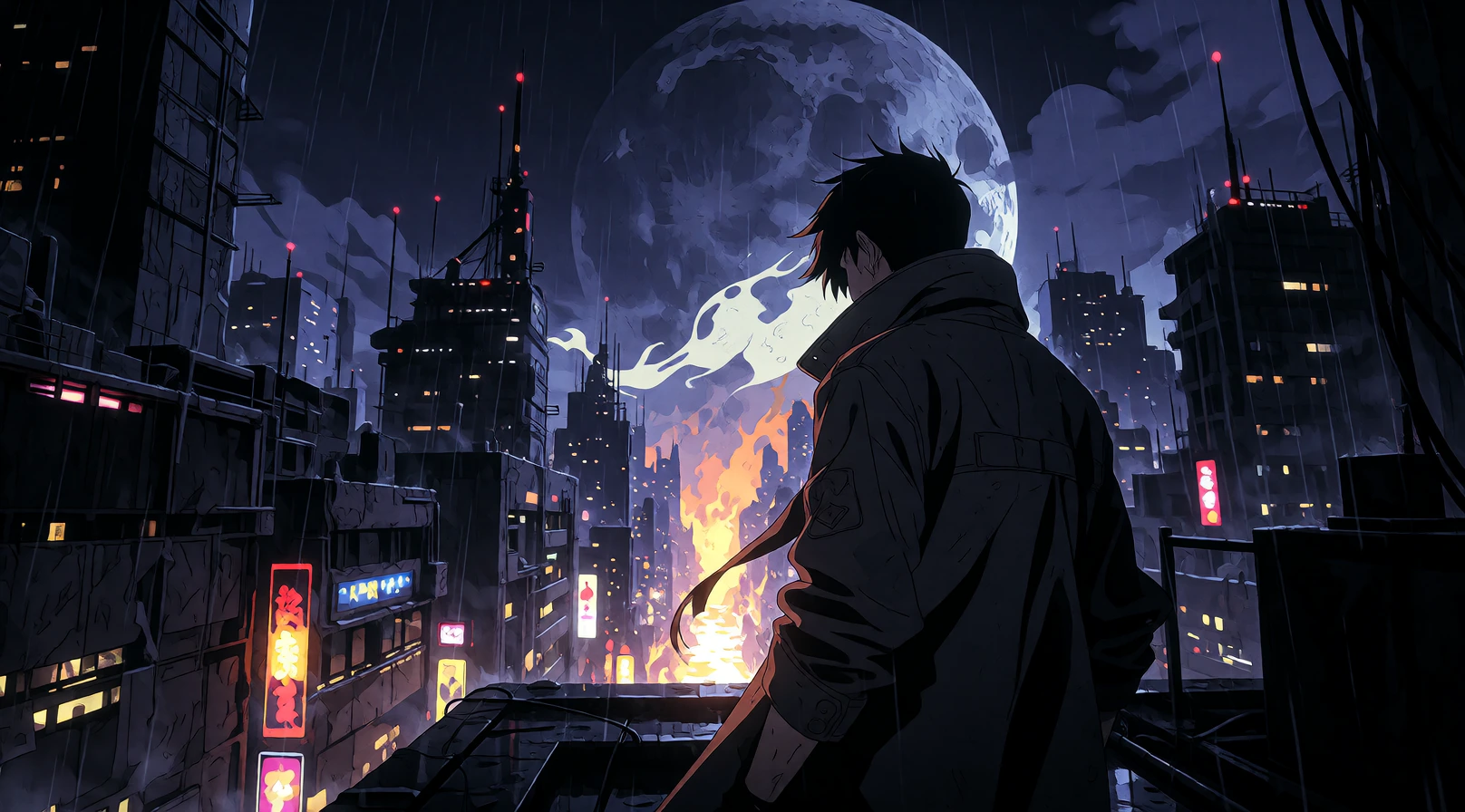 16:9 keyframe, high-grade anime studio production still, clean yet slightly raw hand-drawn animation style, bold imperfect black outlines, strong cinematic lighting, modern and current aesthetic “It’s gonna be a long night…” A powerful establishing s