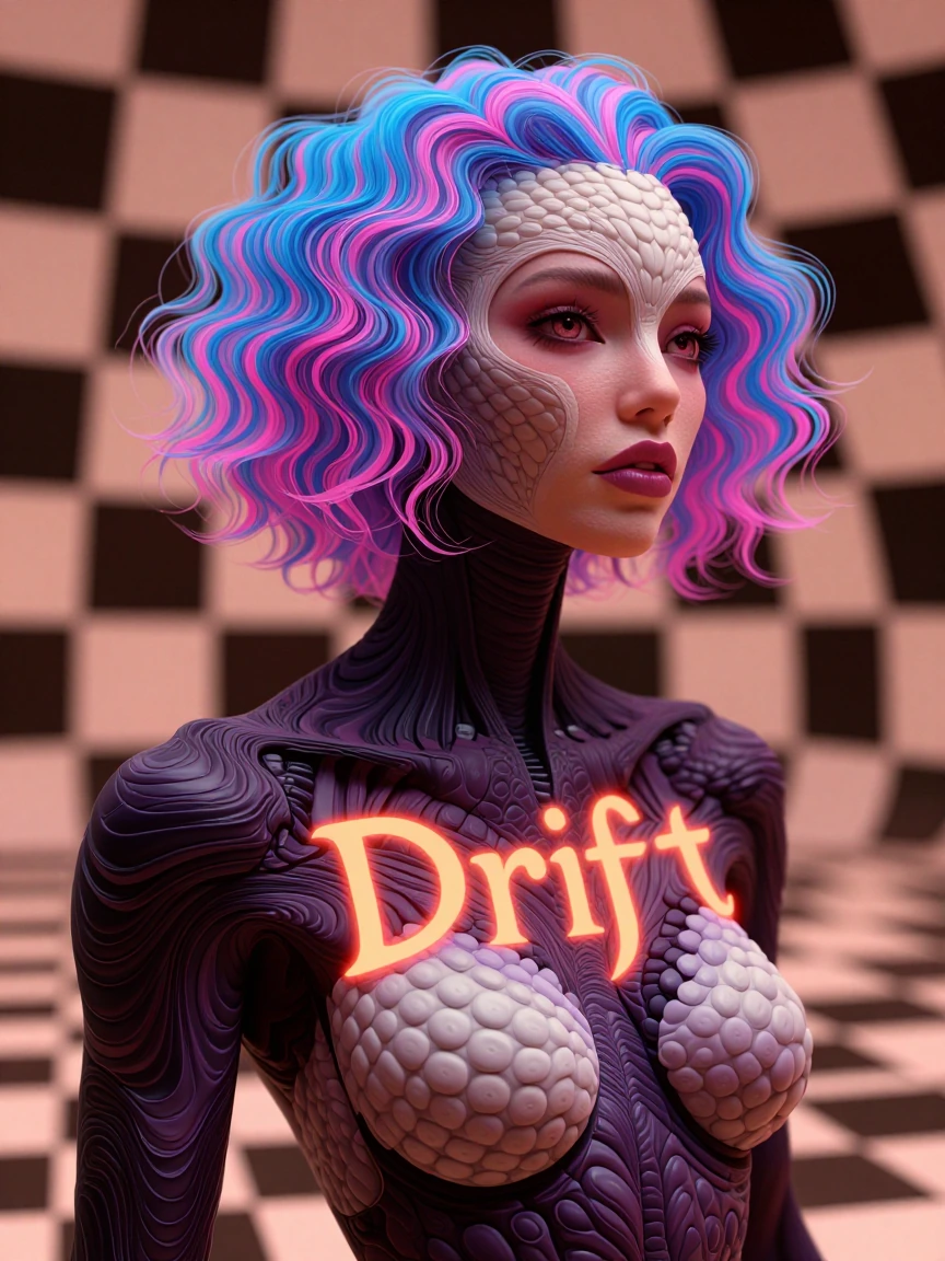 A futuristic cyborg, 3D render, Op Art aesthetic. The "Drift" Layer (To create flow): The cyborg's nanobot skin is textured with repetitive, fractal concentric scales. The scales follow a strict four-step luminance gradient sequence: Black, Deep Pur