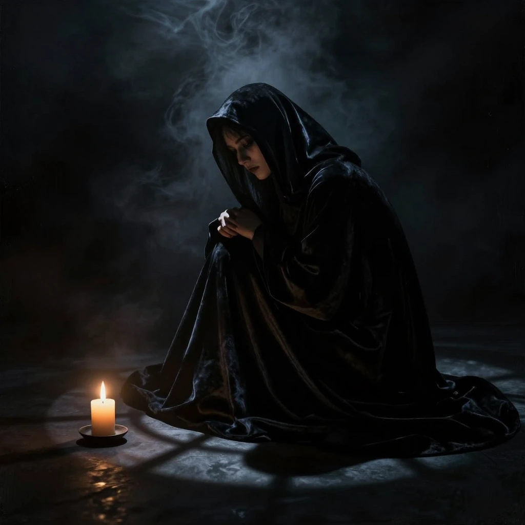 Moody cinematic portrait of a contemplative figure shrouded in deep shadows, dramatic chiaroscuro lighting with ethereal highlights, rich ebony blacks and charcoal grays dominating composition, atmospheric fog swirling through darkness, velvet-textur