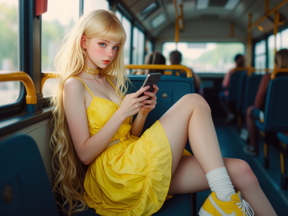 realistic, extreme detail, 1girl, elle, solo, blonde, long wavy hair, cute, beautiful, big blue eyes, pale skin, thin waist, slim, golden choker, yellow light summer dress, short dress, straps, white stockings, yellow sneakers, shy, parted lips, happ