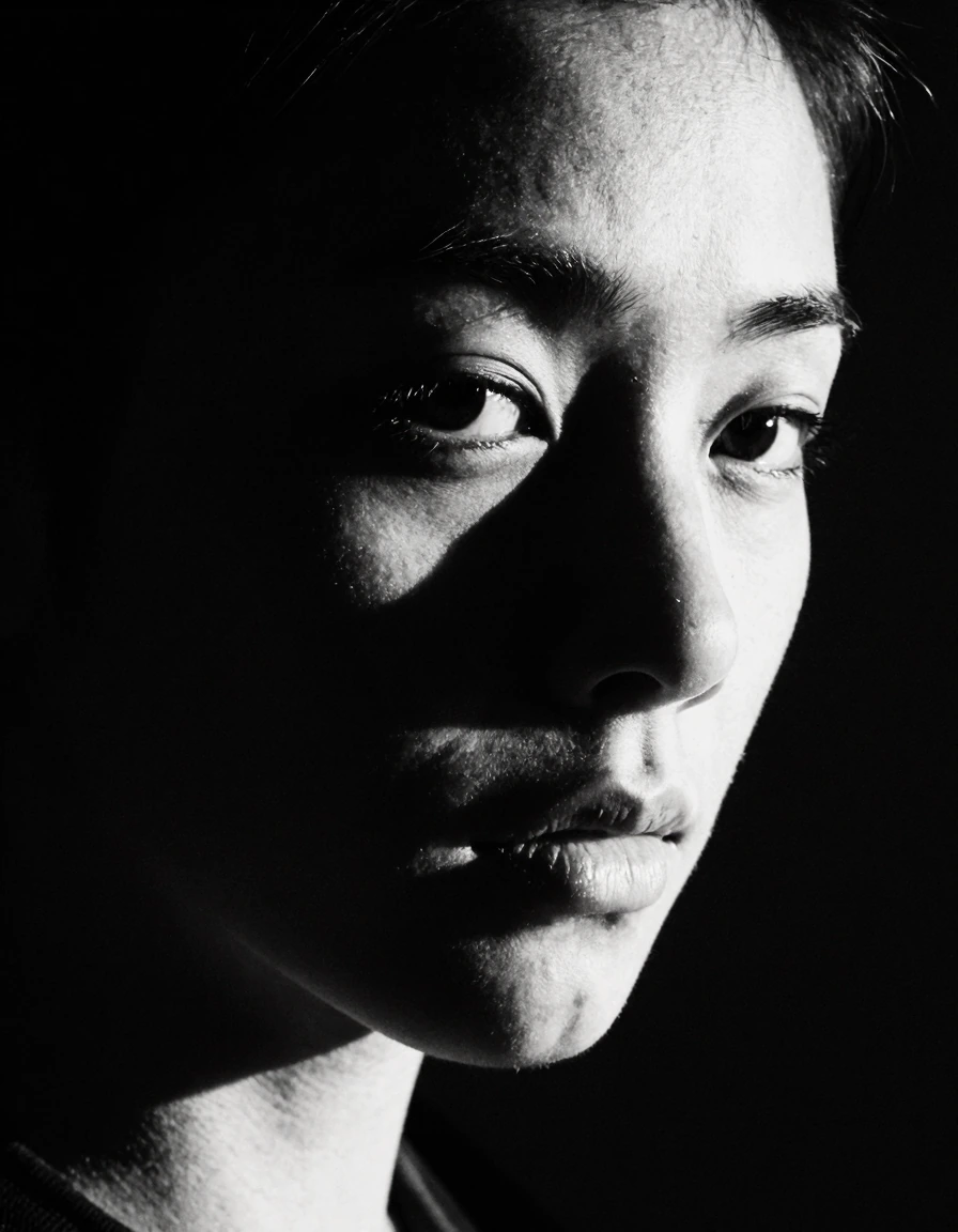 dramatic black and white portrait, intense expression, chiaroscuro lighting, deep shadows sculpting the face, minimal background, artistic fine art ph
