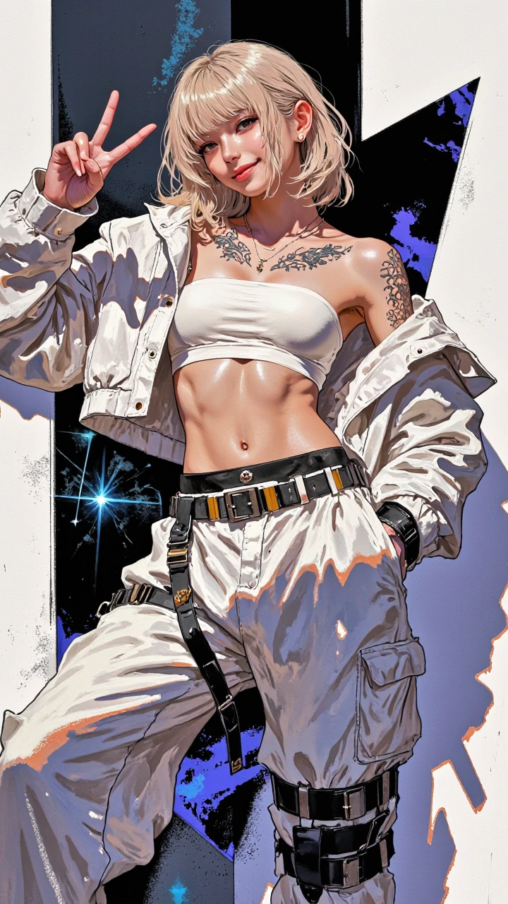 Anime-style streetwear character portrait, playful smiling expression, direct eye contact, light blonde hair with soft bangs and layered texture, multiple ear piercings, making a peace sign with one hand, cropped white jacket worn open over a white s