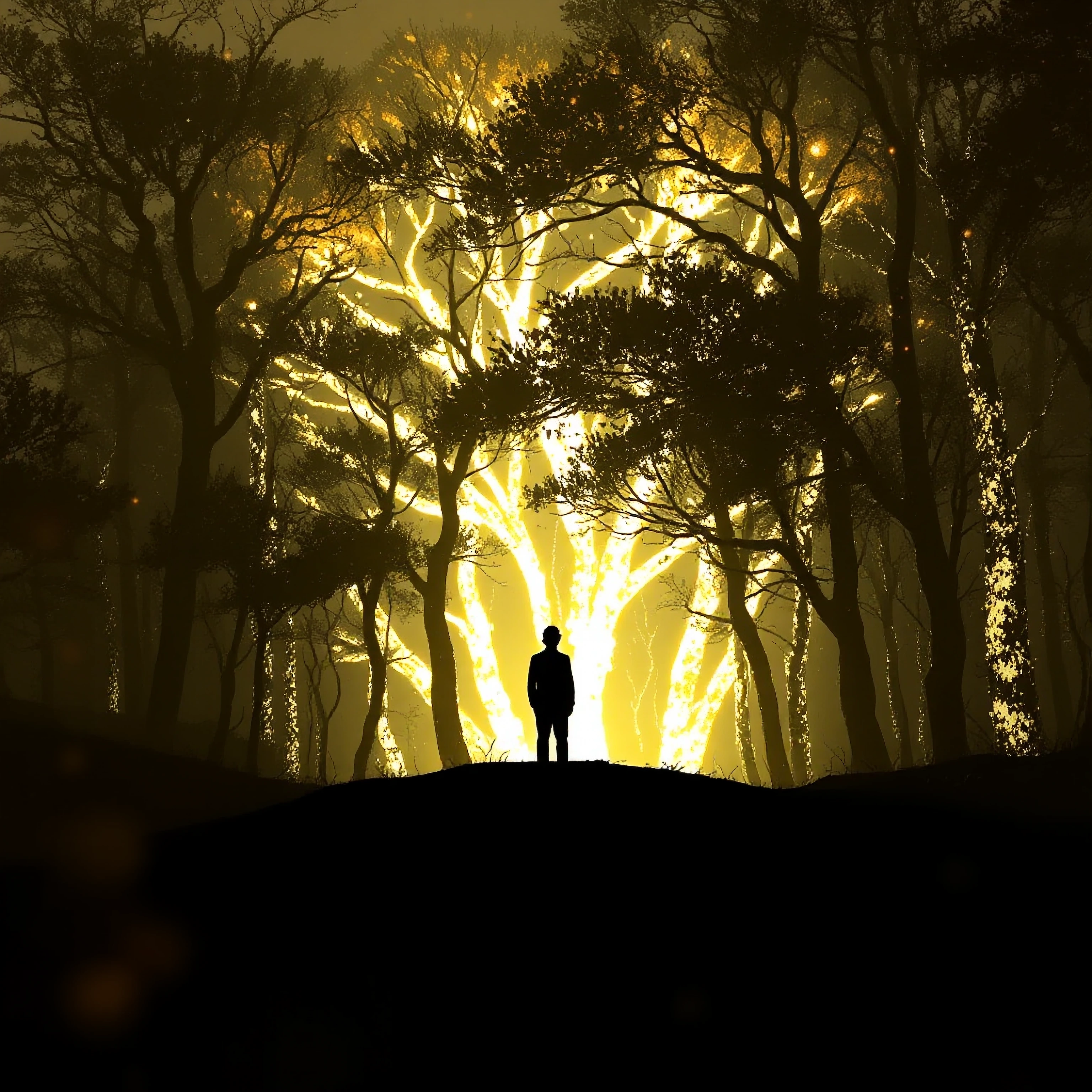 A solitary silhouetted figure stands at the threshold between ordinary reality and enchanted wilderness, where the mundane world abruptly ends at a di