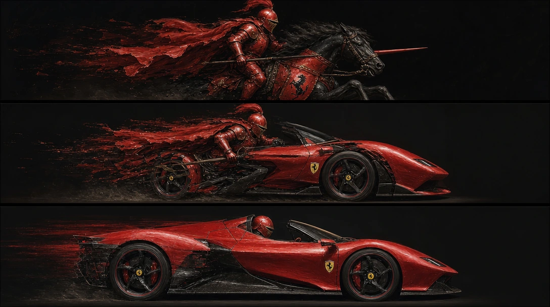 Sequential split-screen showing a medieval Italian knight in crimson plate armor on a rearing black stallion mid-charge, morphing frame-by-frame into a red Ferrari supercar—the horse's neck stretches into the hood, the rider's torso becomes the cockp